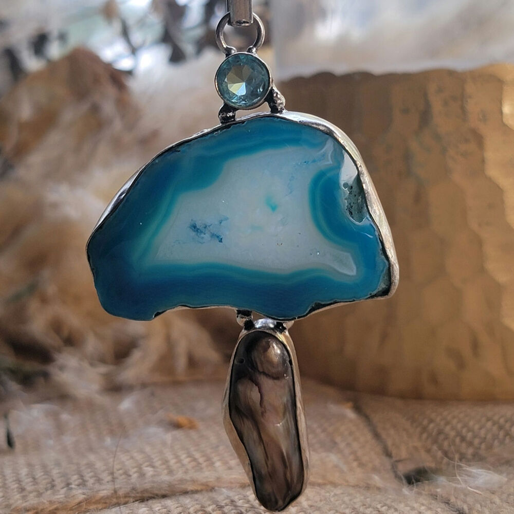 Mesmeric Blue Agate Pendant, Sterling Silver Necklace With Topaz & Black Pearl